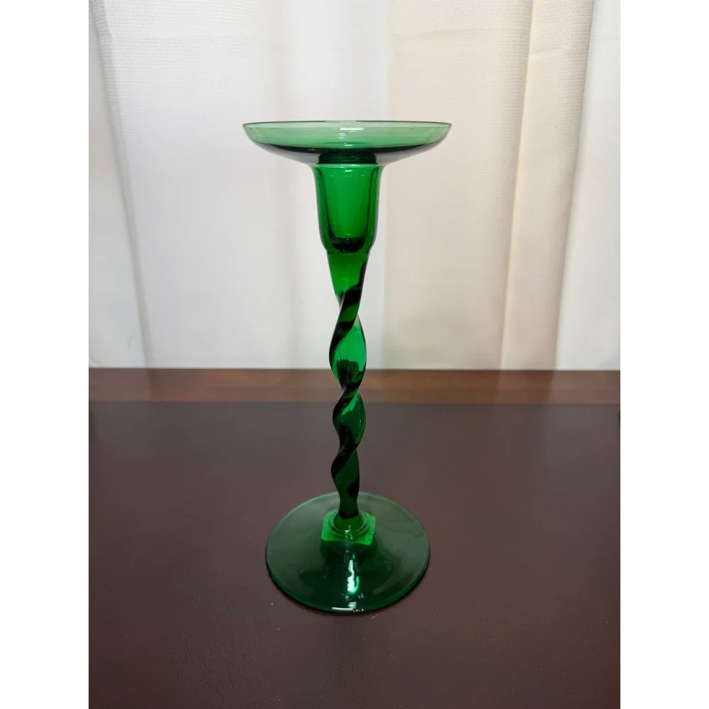 Emerald Green Glass Spiral Twist Stem Candlestick Holder Mid Century Modern 9.5